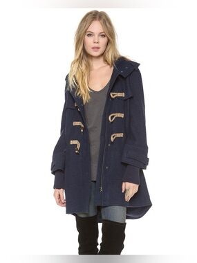 Free People Boiled Wool Rope Toggle Hooded Coat XS Dark Blue Vintage Military